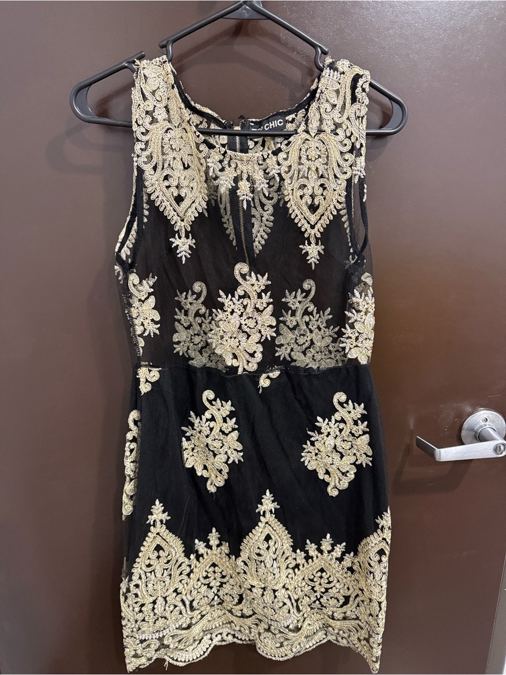 Top Chic  Black Mini Dress with Gold Embroidery